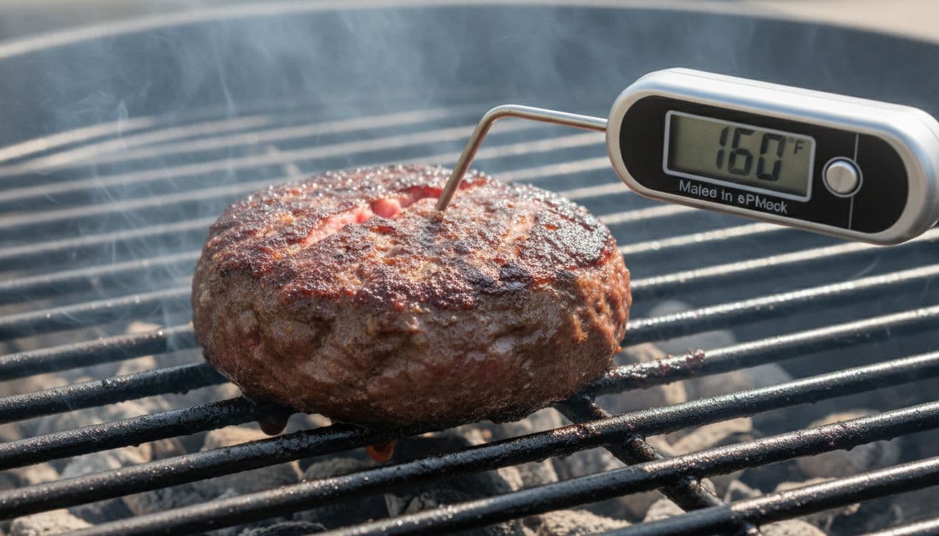 Food thermometer inserted into a thick beef burger patty