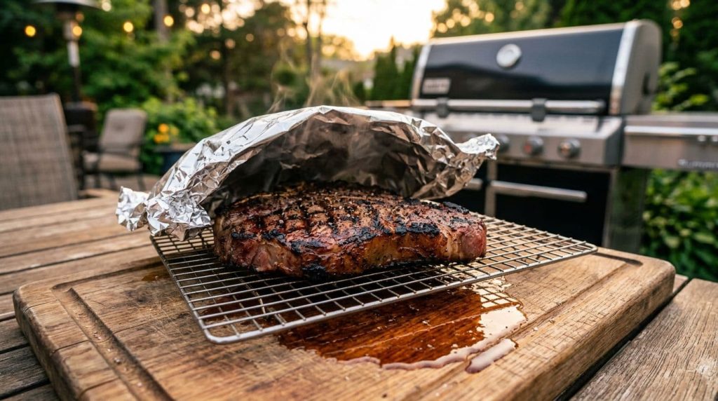 Cooked steak resting on a wire rack above a tray