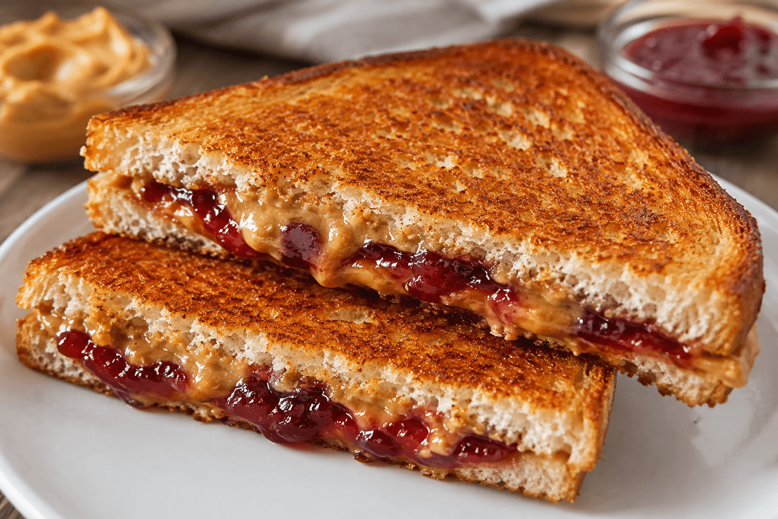 Toasted peanut butter and jelly sandwich cut into two halves