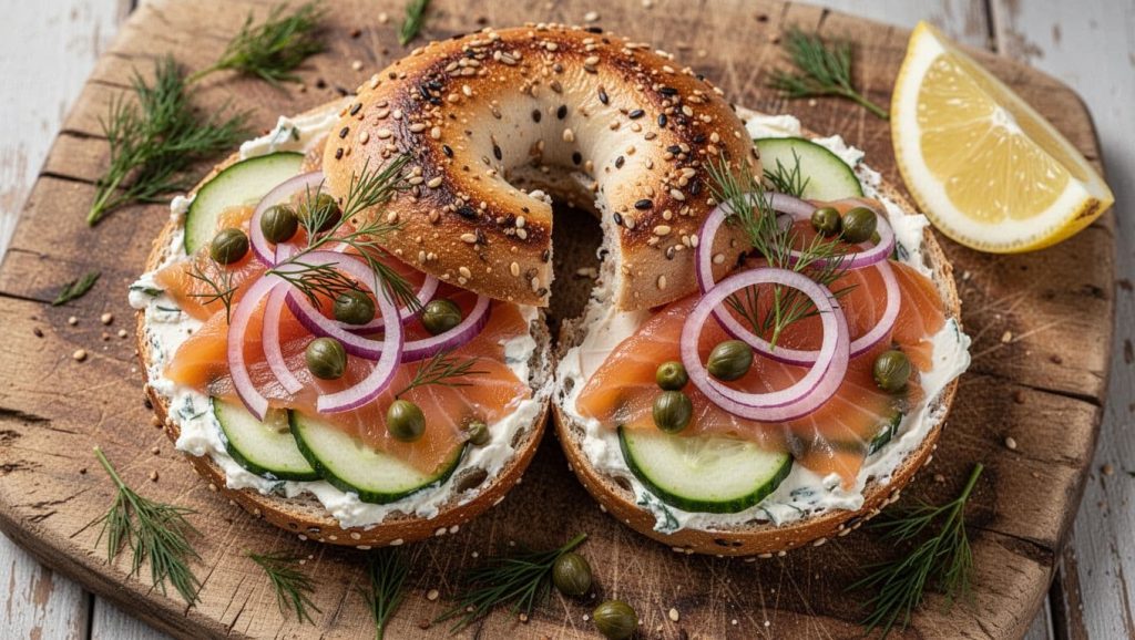 Illustration of toasted bagel halves with smoked salmon, capers, and red onion