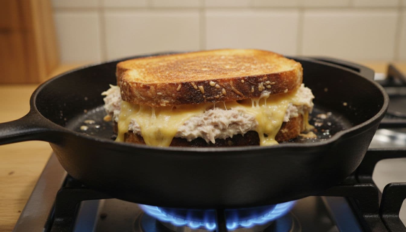 Tuna melt sandwich illustration in a cast-iron skillet with melted cheese