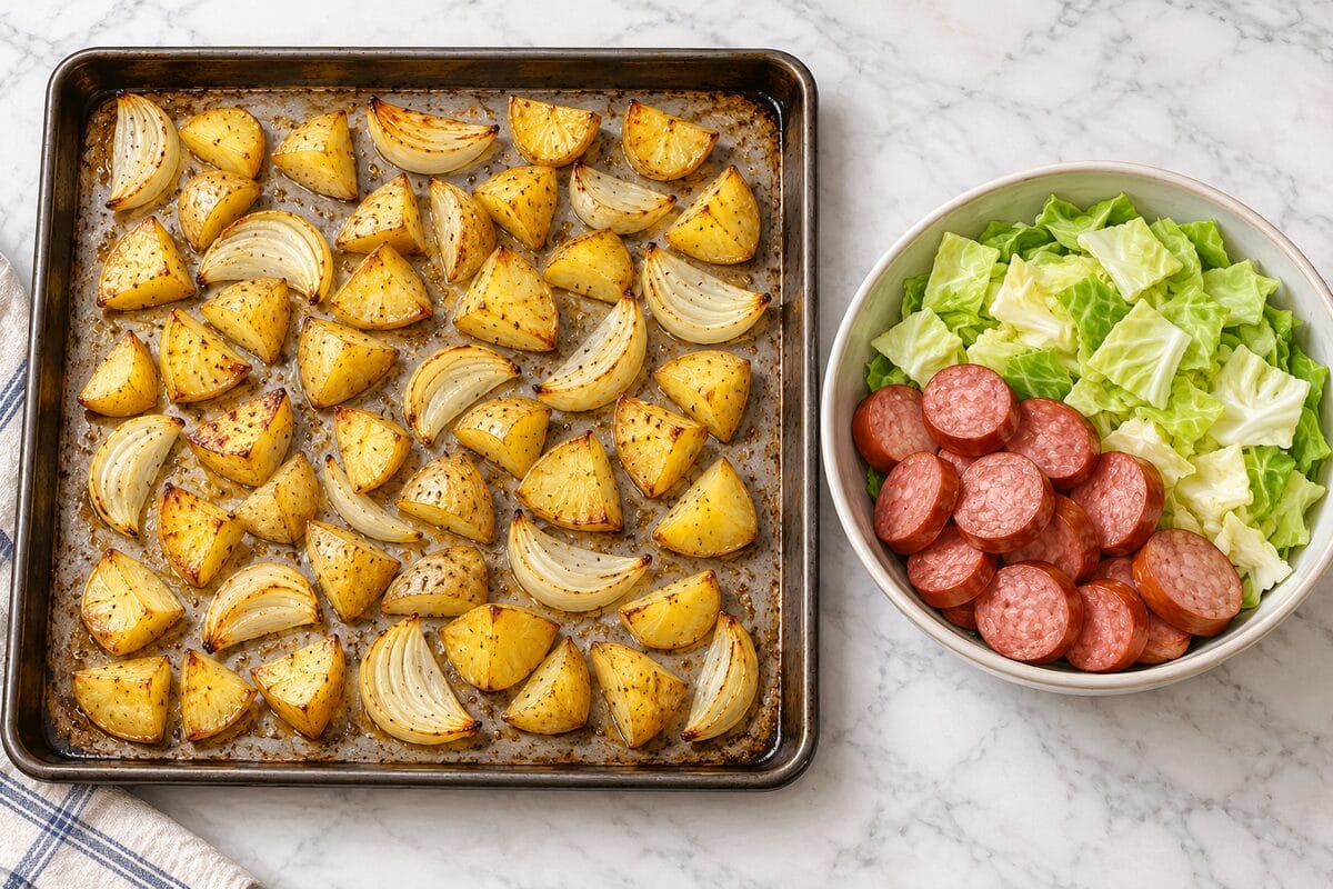 Roasted potatoes and onion beside cabbage and kielbasa