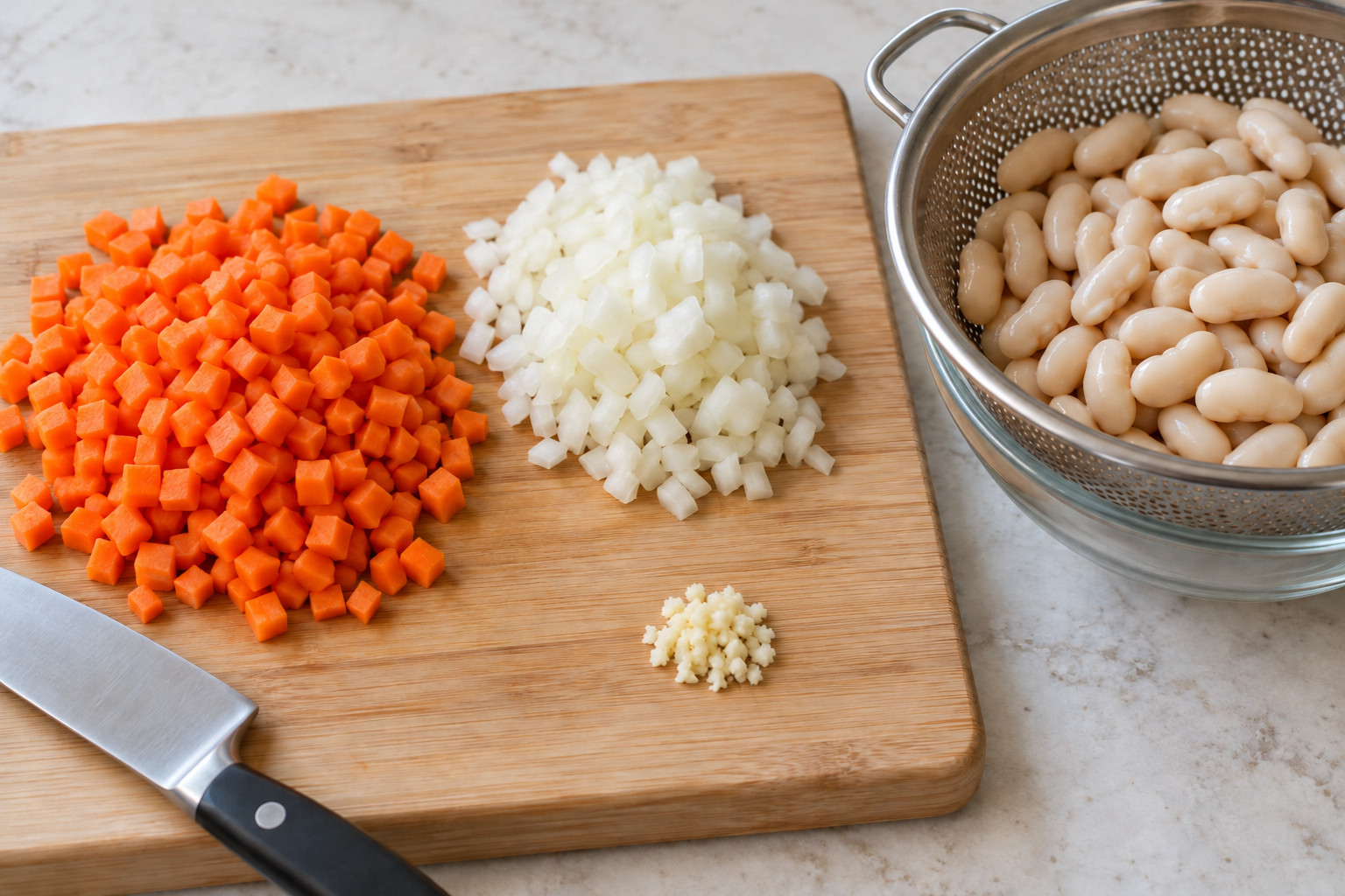 Small carrot cubes, finely diced onion, minced garlic and drained cannellini beans