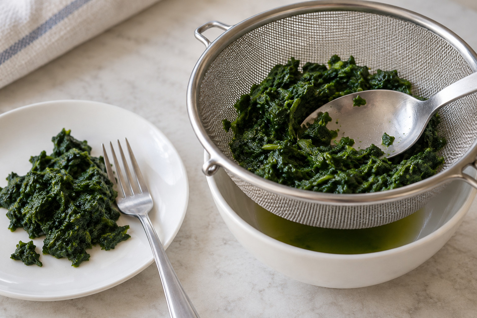 Cooked chopped spinach gently pressed in a colander, with loosened spinach beside it