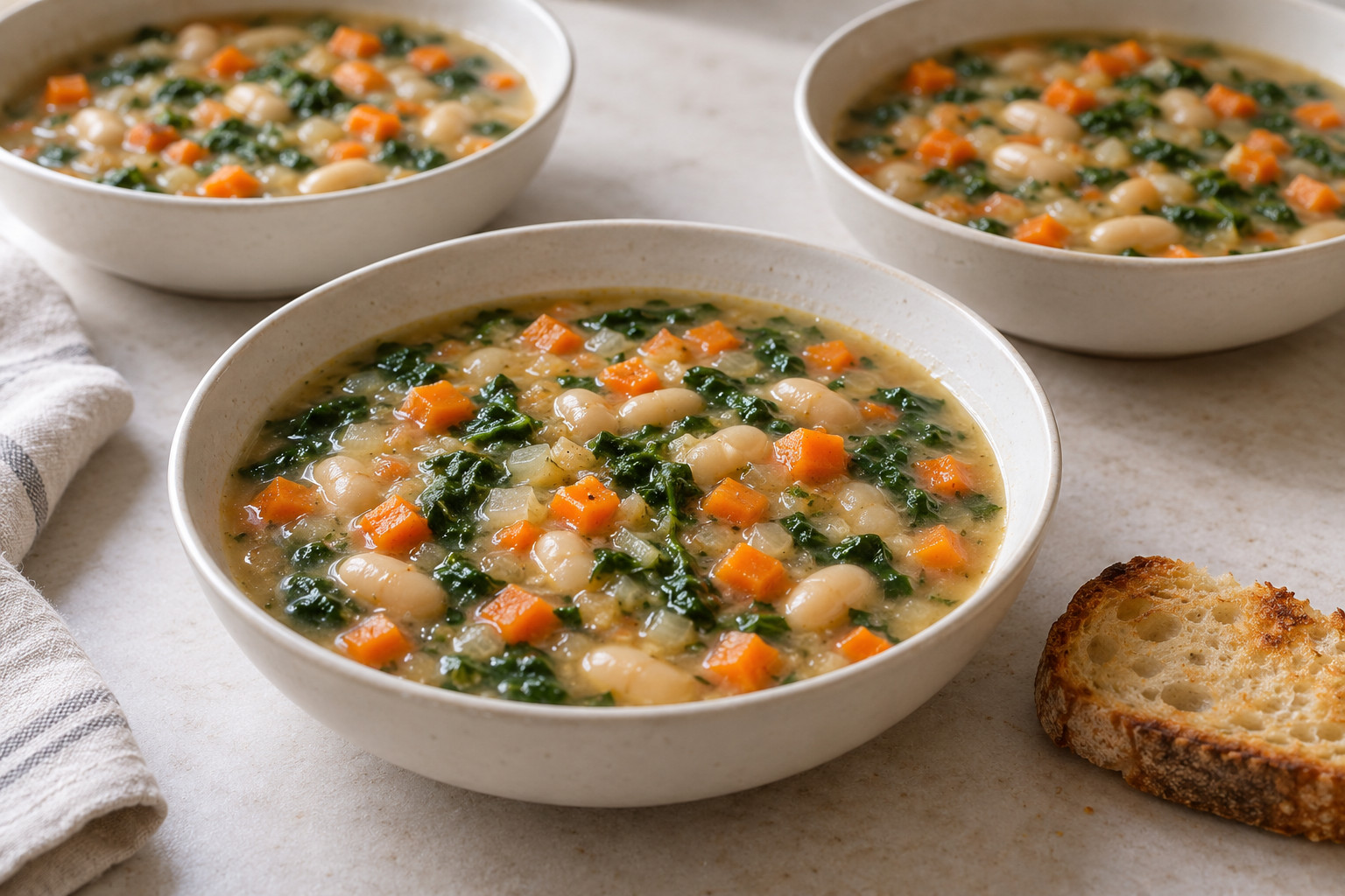 Carrot white bean soup with frozen spinach without cream in three bowls with whole beans and small carrot pieces.