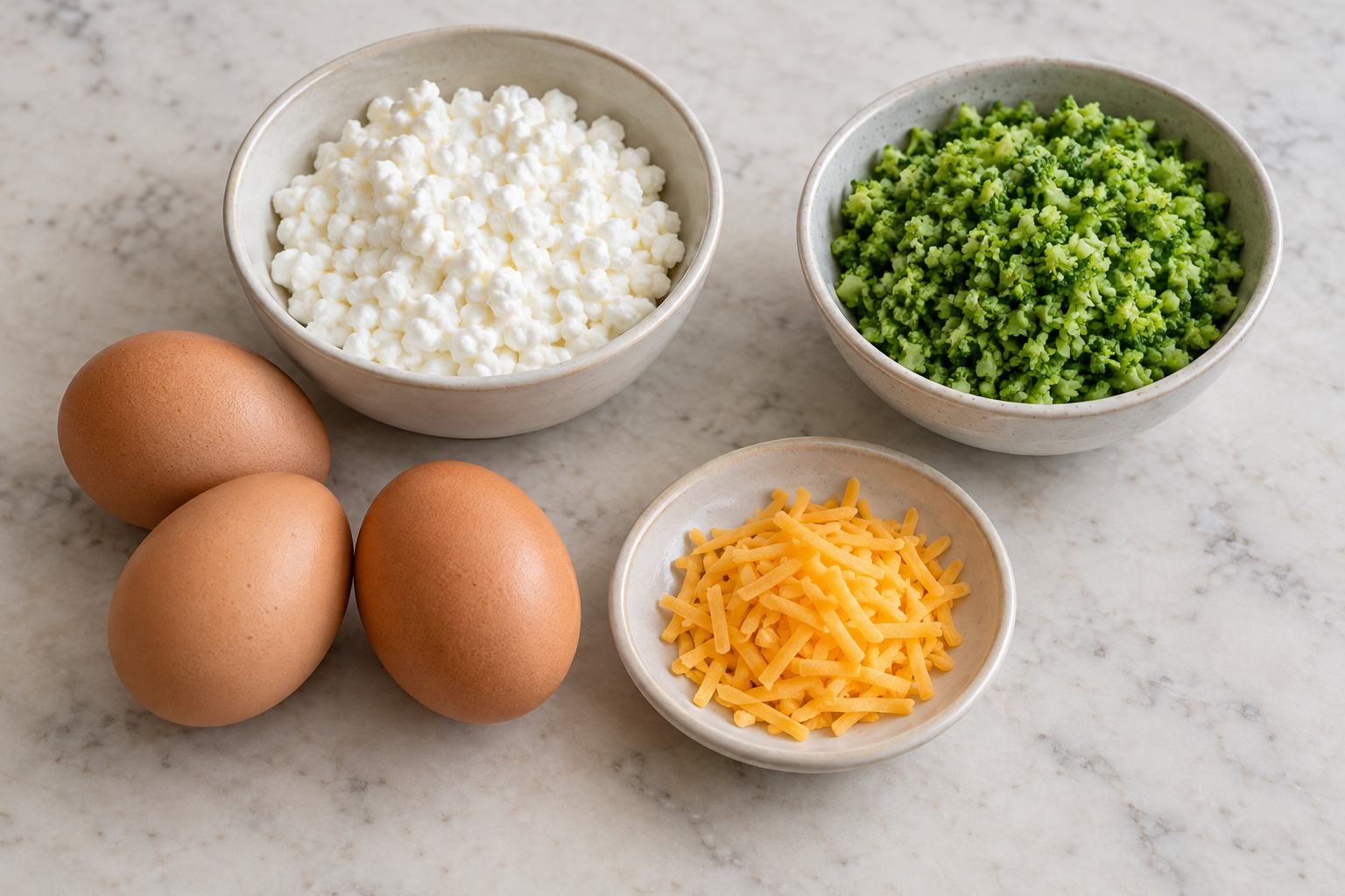 Eggs, cottage cheese, cheddar and cooked broccoli for six egg cups