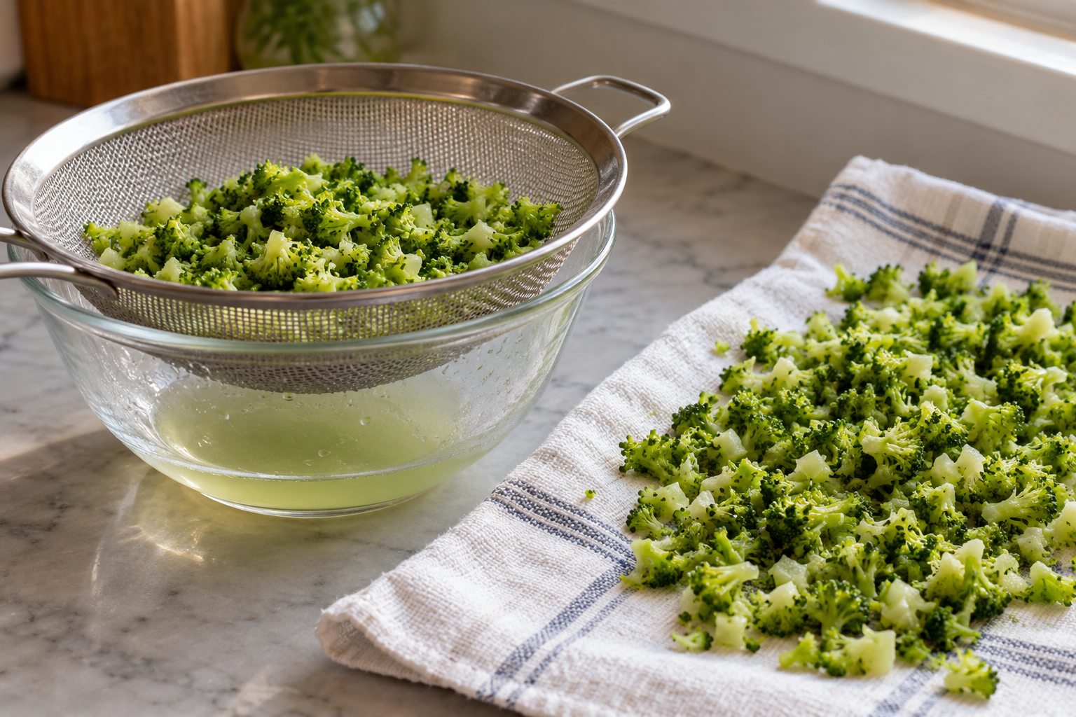 Cooked broccoli draining over a bowl beside finely chopped pieces