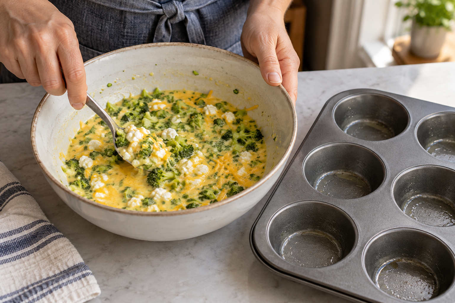Broccoli folded through a hand-mixed egg and cottage cheese mixture