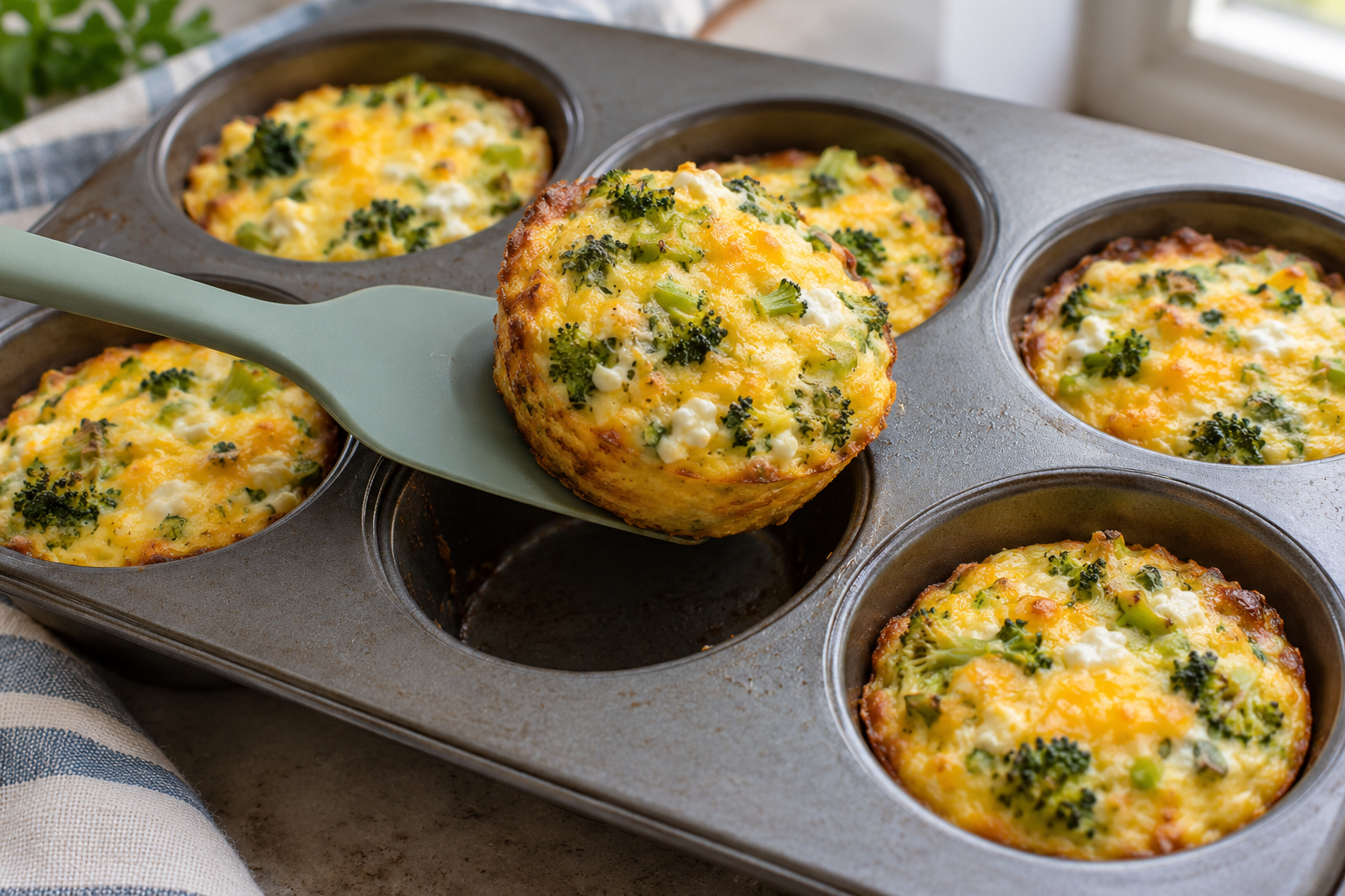 Silicone spatula supporting a broccoli egg cup above an empty muffin well
