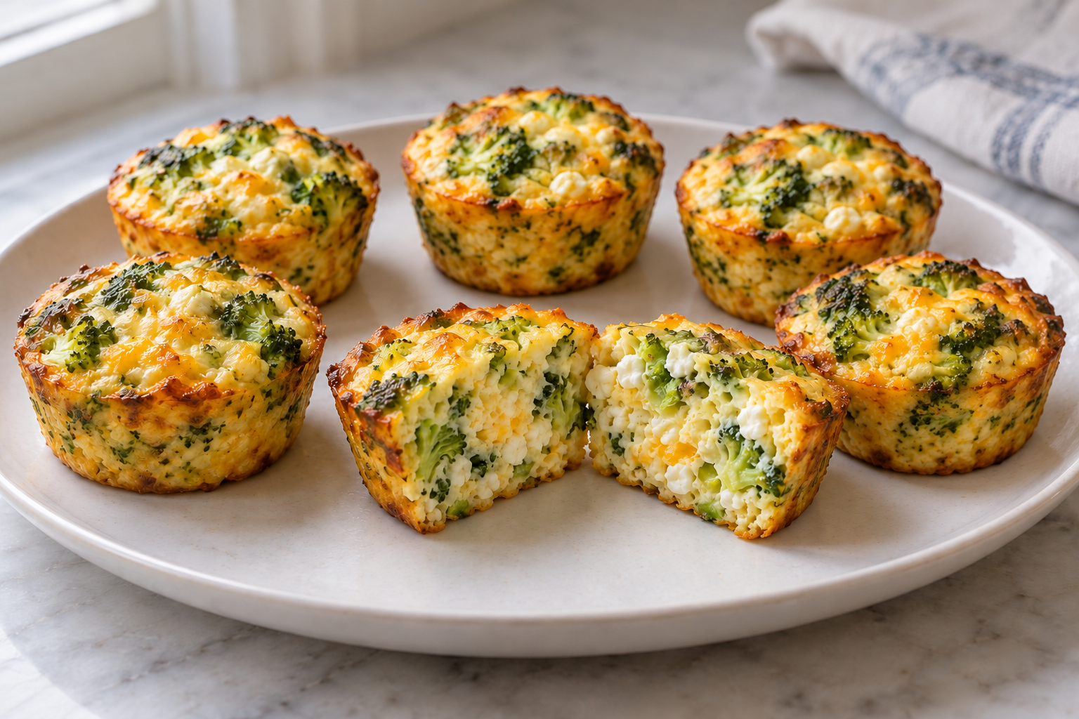 Cottage cheese broccoli egg cups without a blender, with one cut open to show the curds