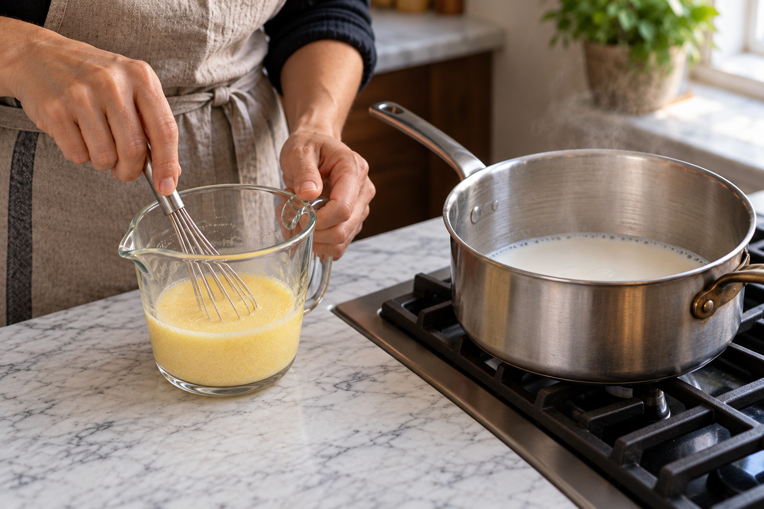 A stirred cornmeal slurry ready to whisk into the warm liquid