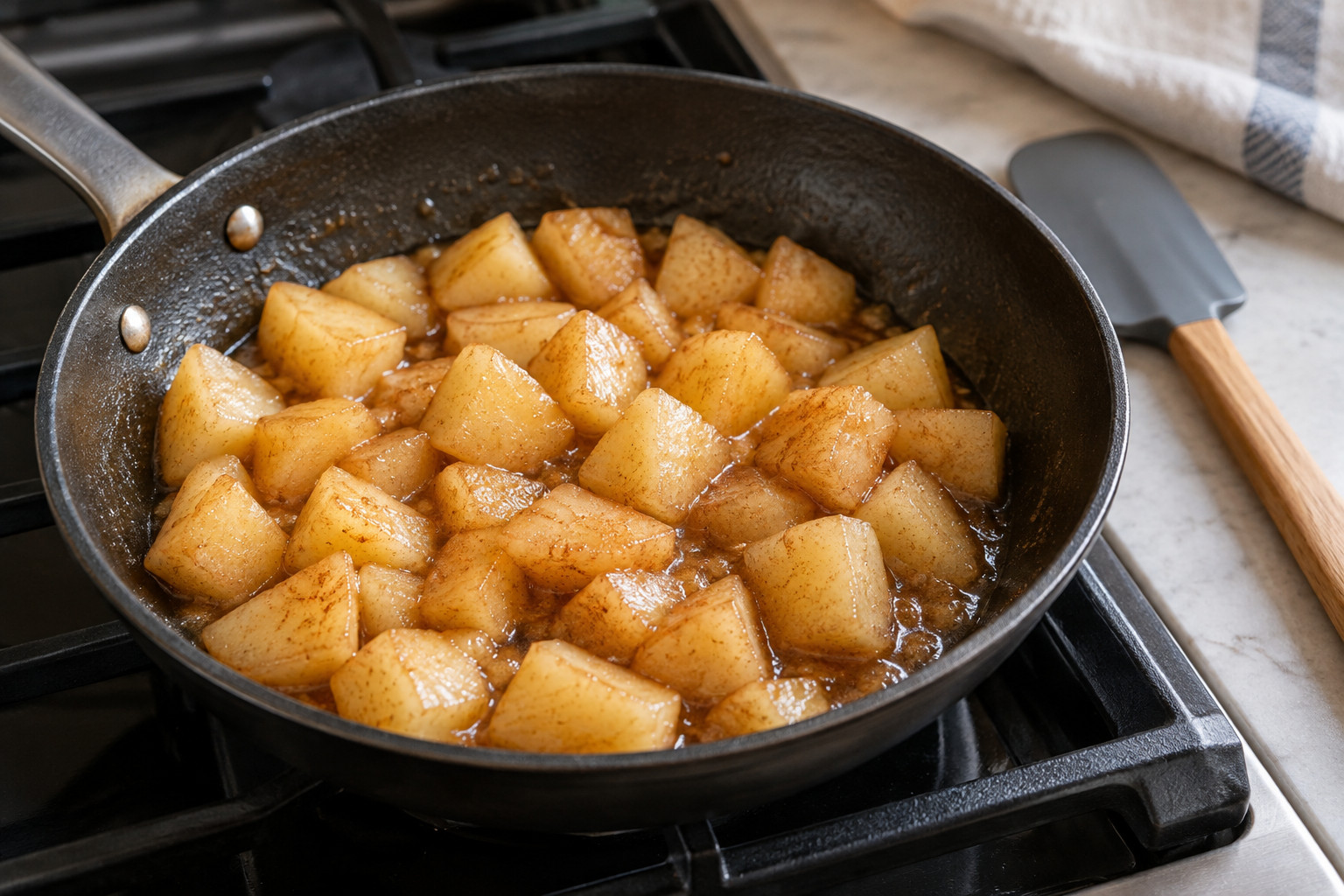 Tender apple cubes coated with a light cinnamon maple syrup
