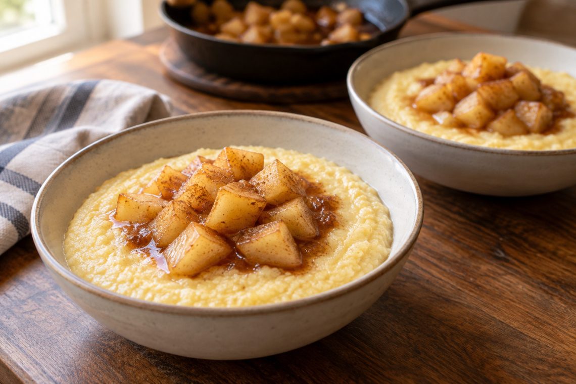 Stovetop apple cornmeal porridge for two served in two bowls with warm cinnamon apple cubes.