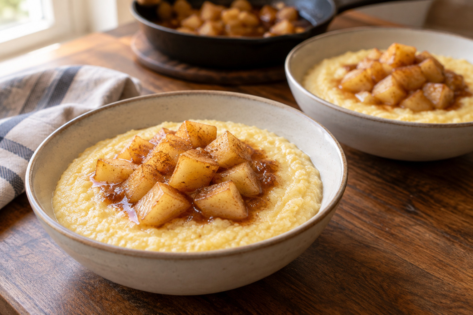 Stovetop apple cornmeal porridge for two served in two bowls with warm cinnamon apple cubes.