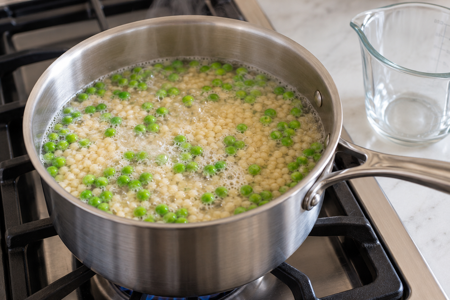 Pearl couscous and peas cooking before the lemon and feta finish