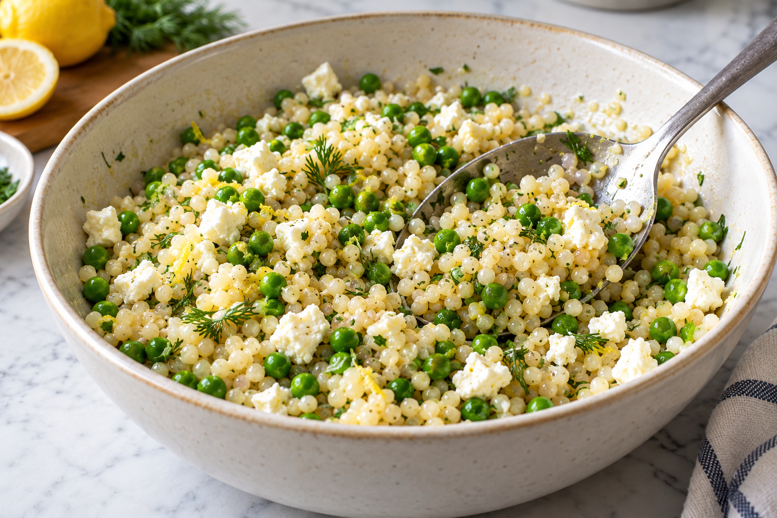 Feta and herbs folded into warm pearl couscous with peas off the heat