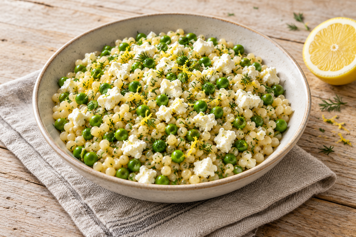 Warm pearl couscous with frozen peas and feta finished with lemon and dill