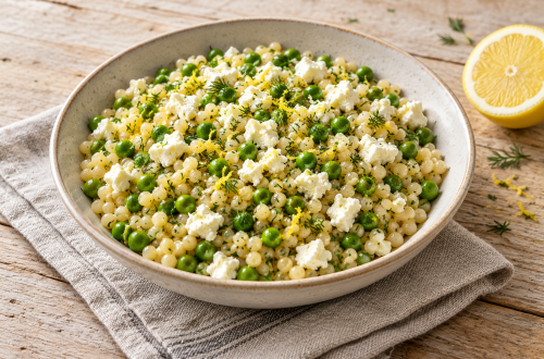 Warm pearl couscous with frozen peas and feta finished with lemon and dill