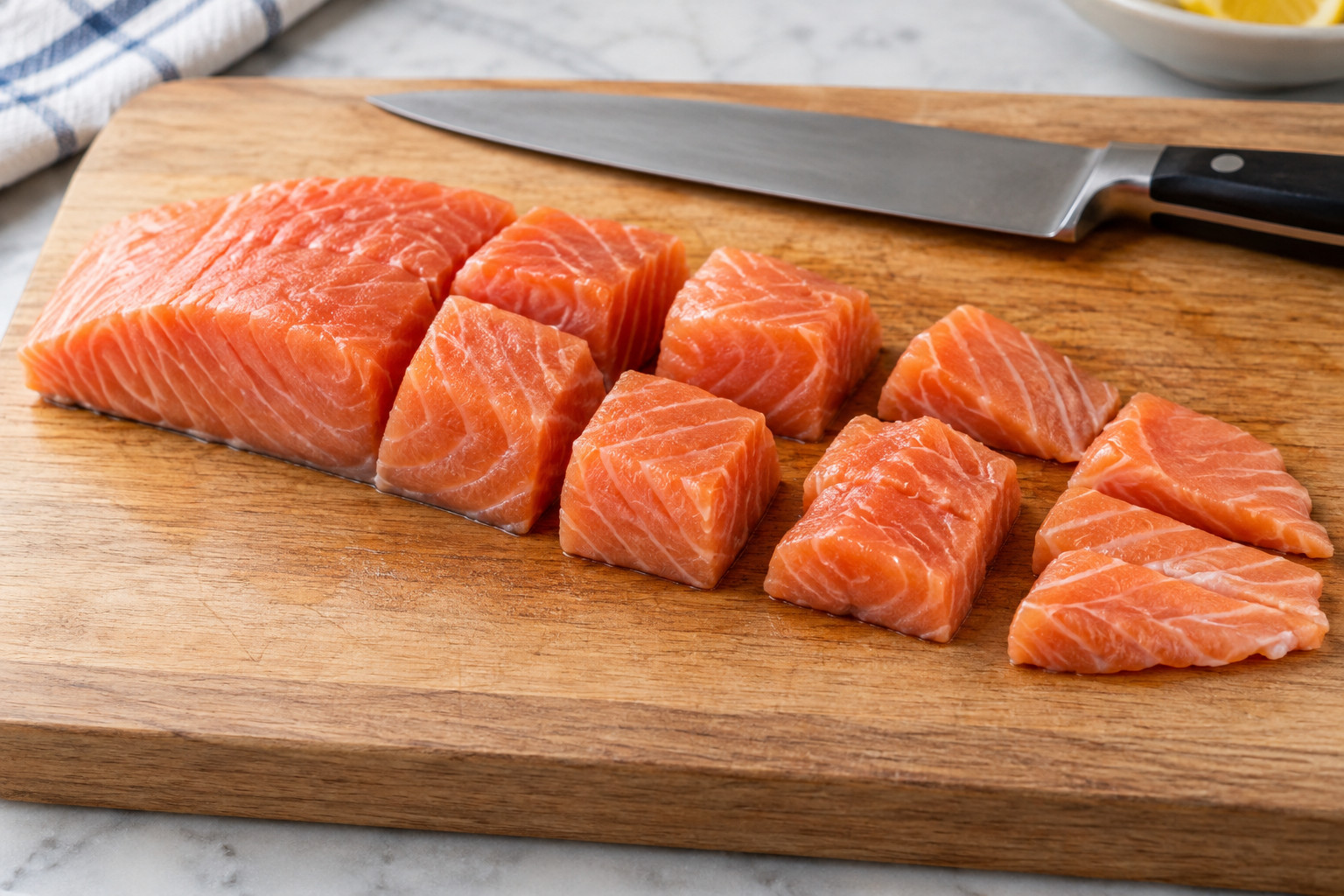 Salmon cut into thicker center pieces and wider, flatter tail pieces on a dedicated board