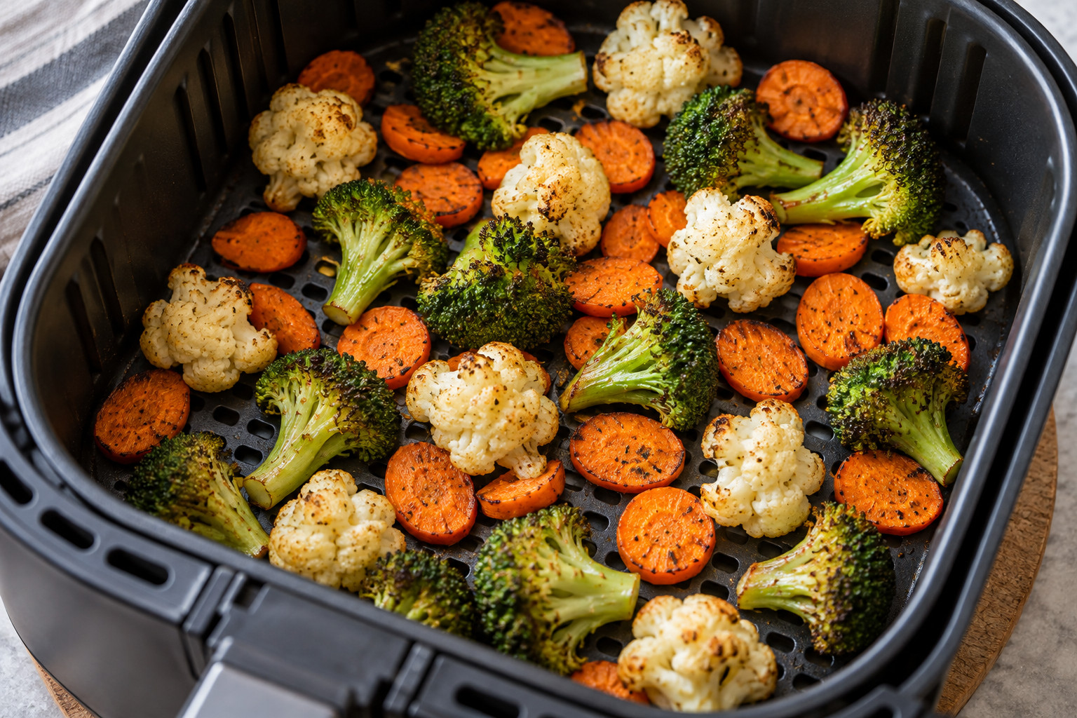 Broccoli, cauliflower and thin carrot slices in an air-fryer basket without fish