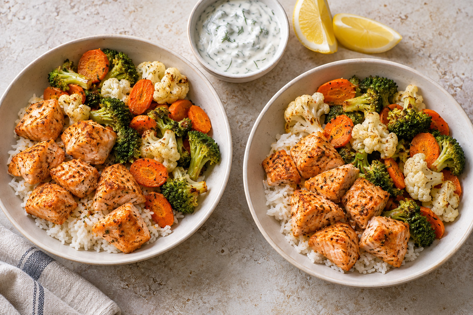 Air fryer salmon bites with frozen vegetables for two in serving bowls with cooked broccoli, cauliflower and carrots.