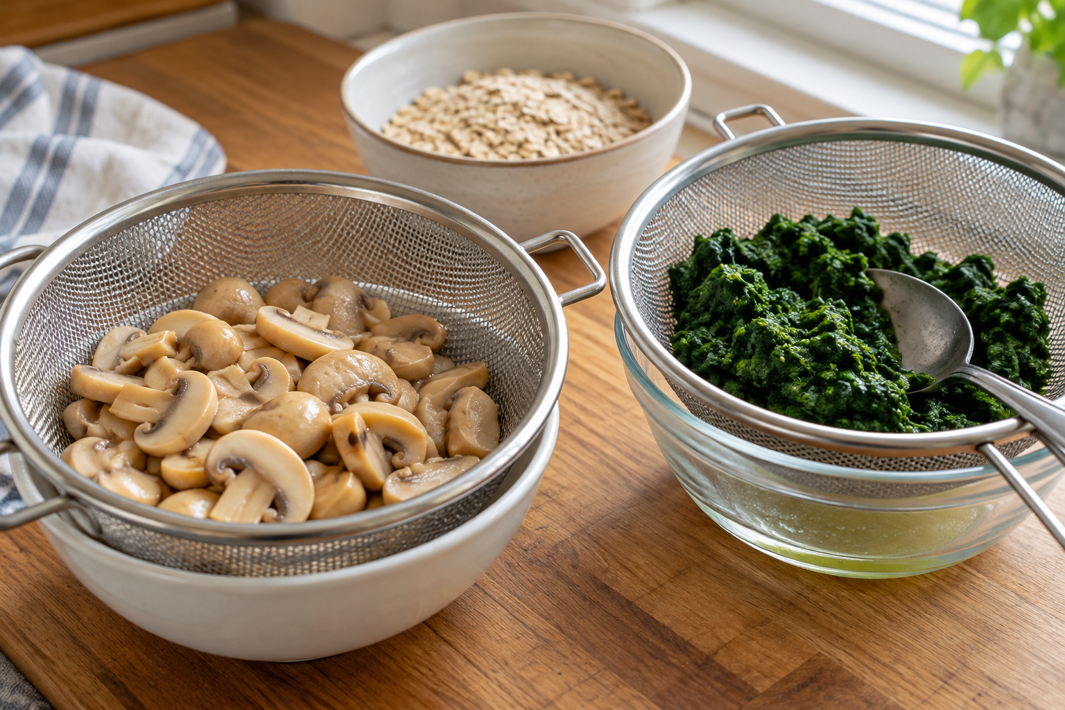 Drained canned mushroom slices and fully cooked chopped spinach in separate strainers
