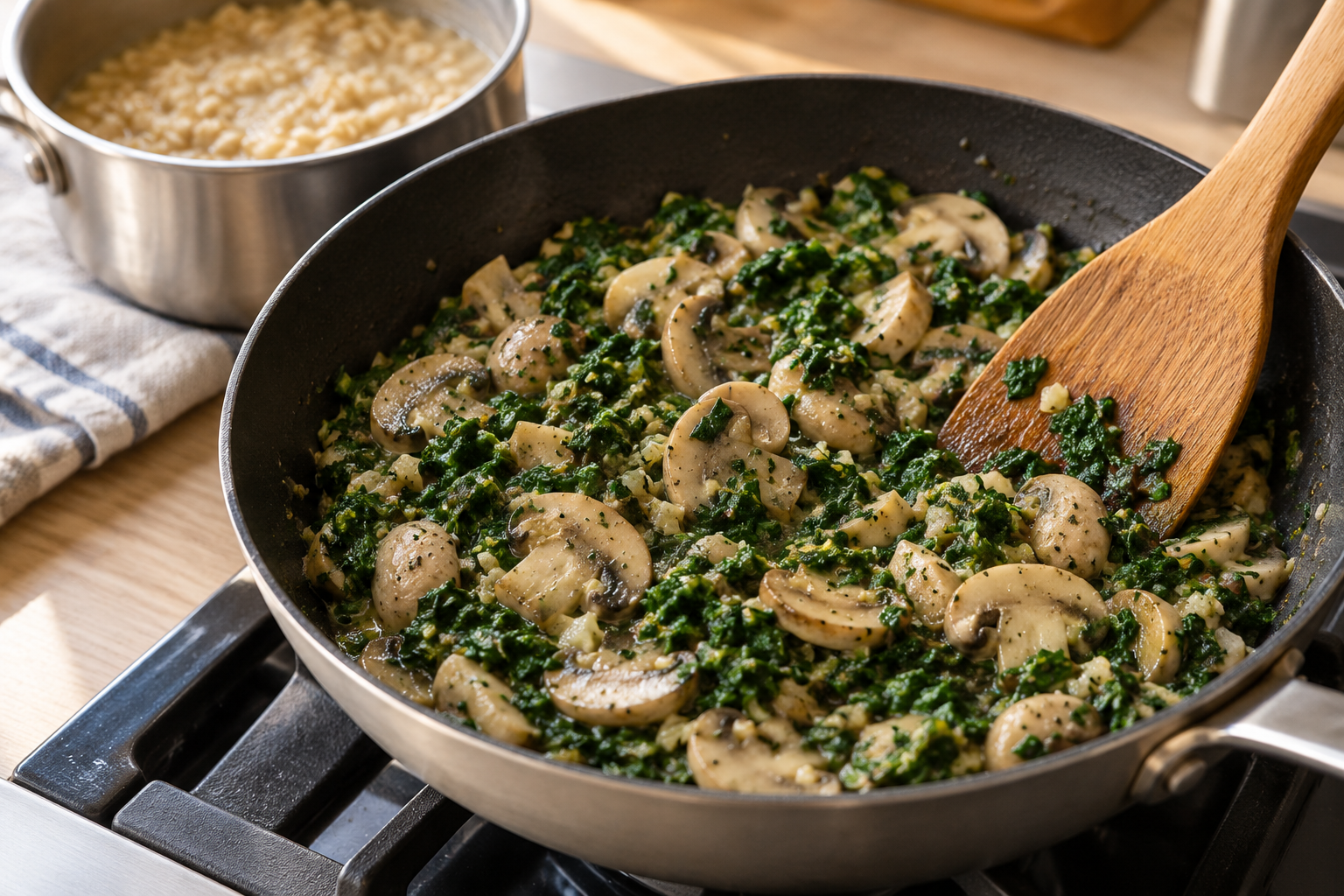 Tender canned mushroom slices and cooked spinach warming in a skillet beside plain rolled oats