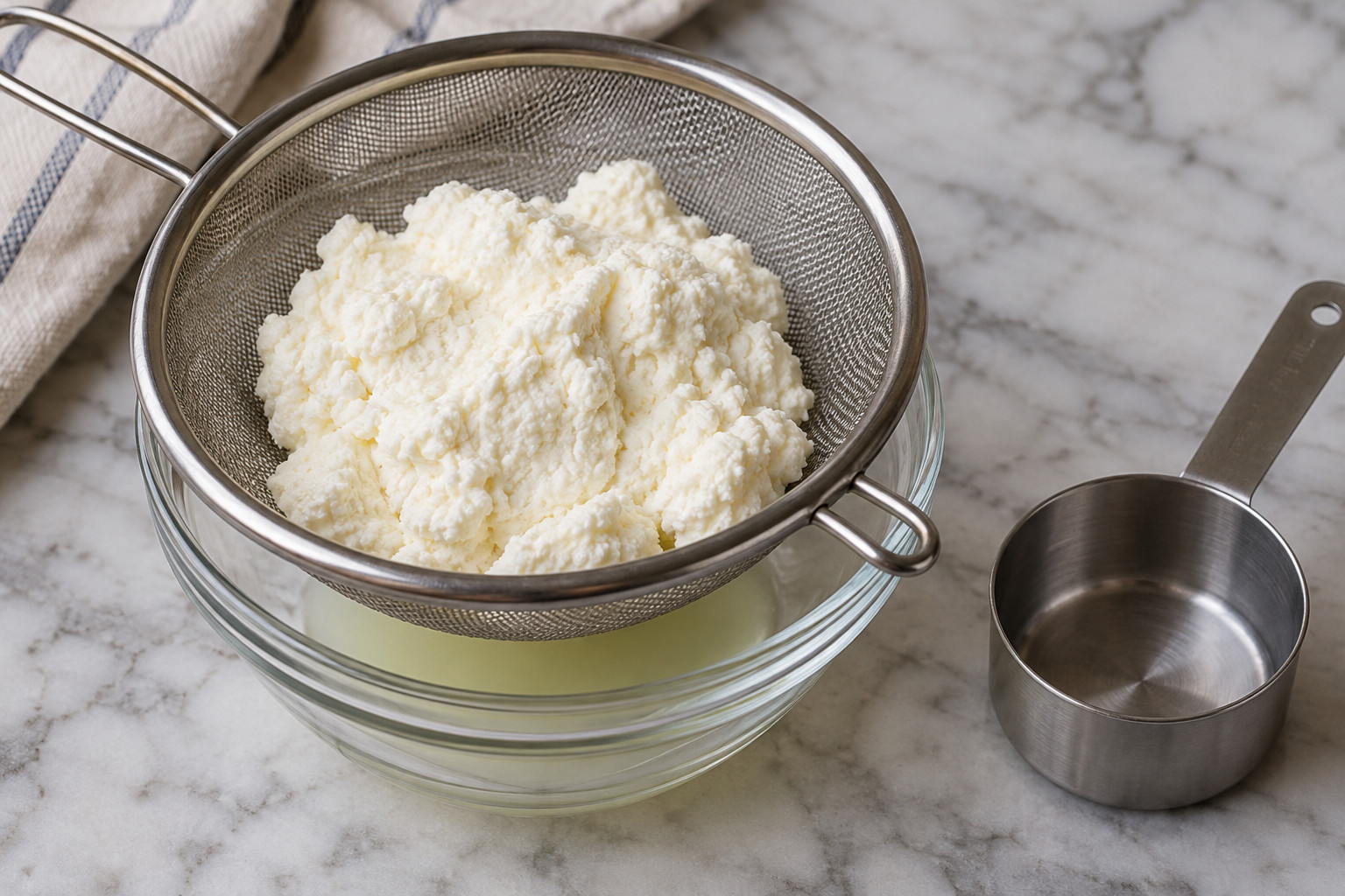 Ricotta draining in a fine-mesh strainer for small batch pork ricotta meatballs without breadcrumbs