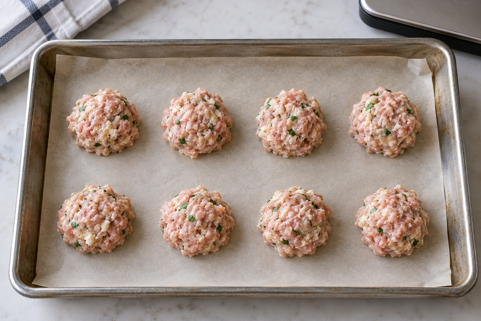 Eight raw portions for small batch pork ricotta meatballs without breadcrumbs on parchment