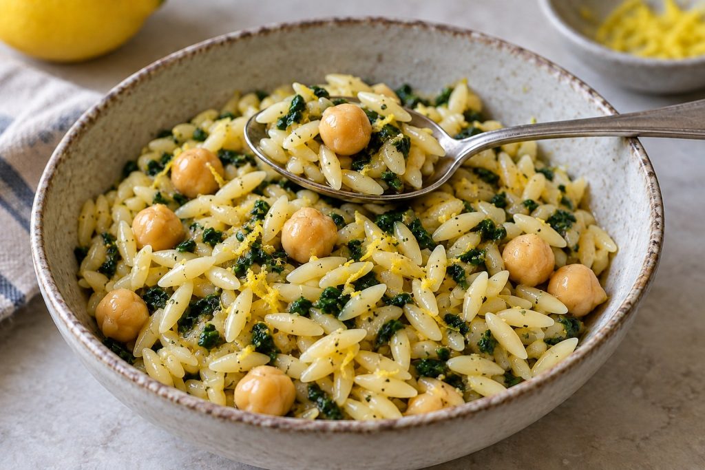 A supported spoon holds orzo, a whole chickpea and chopped spinach above a shallow serving bowl.