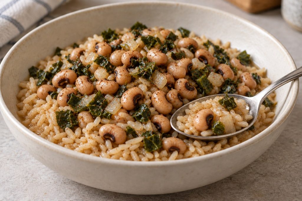 Close view of brown rice with whole black-eyed peas, small pieces of tender collards, and a light coating of broth.