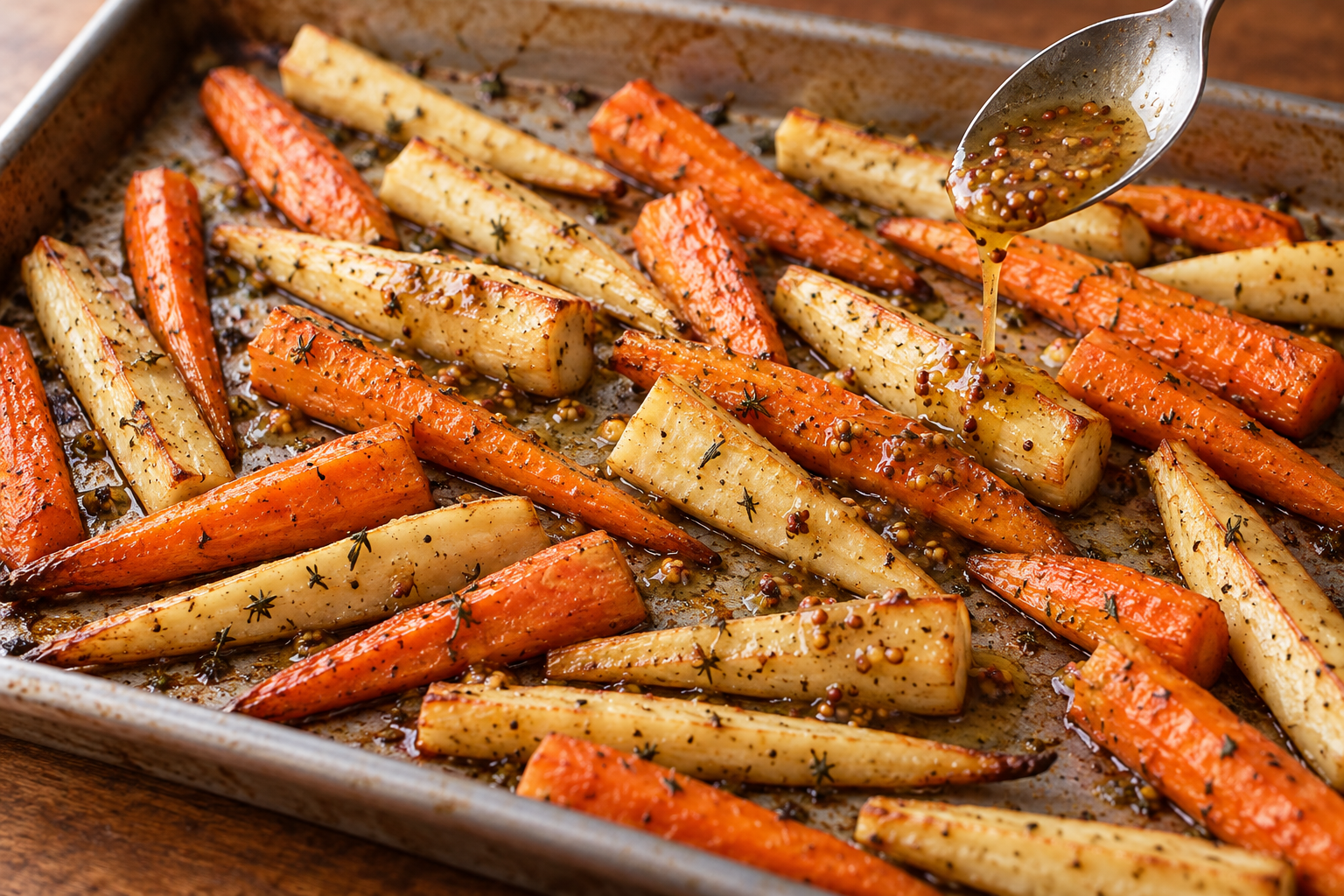 A spoon drizzling maple-mustard glaze directly over roasted carrots and parsnips