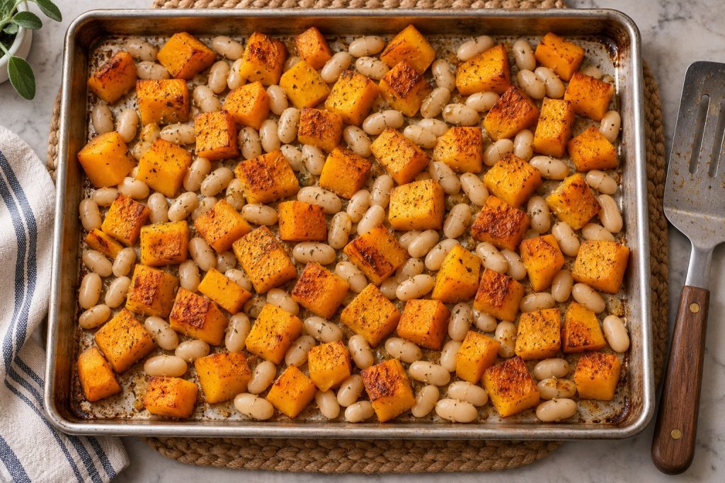 Nearly roasted butternut squash cubes with lightly oiled white beans added in the spaces on a sheet pan.