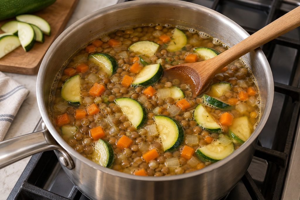 Zucchini half-moons in a saucepan with whole lentils and carrot dice in a light broth.