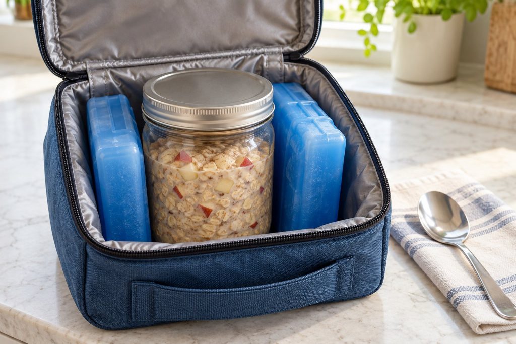 A closed jar of apple tahini oats stands upright in an insulated breakfast bag beside two plain frozen gel packs.