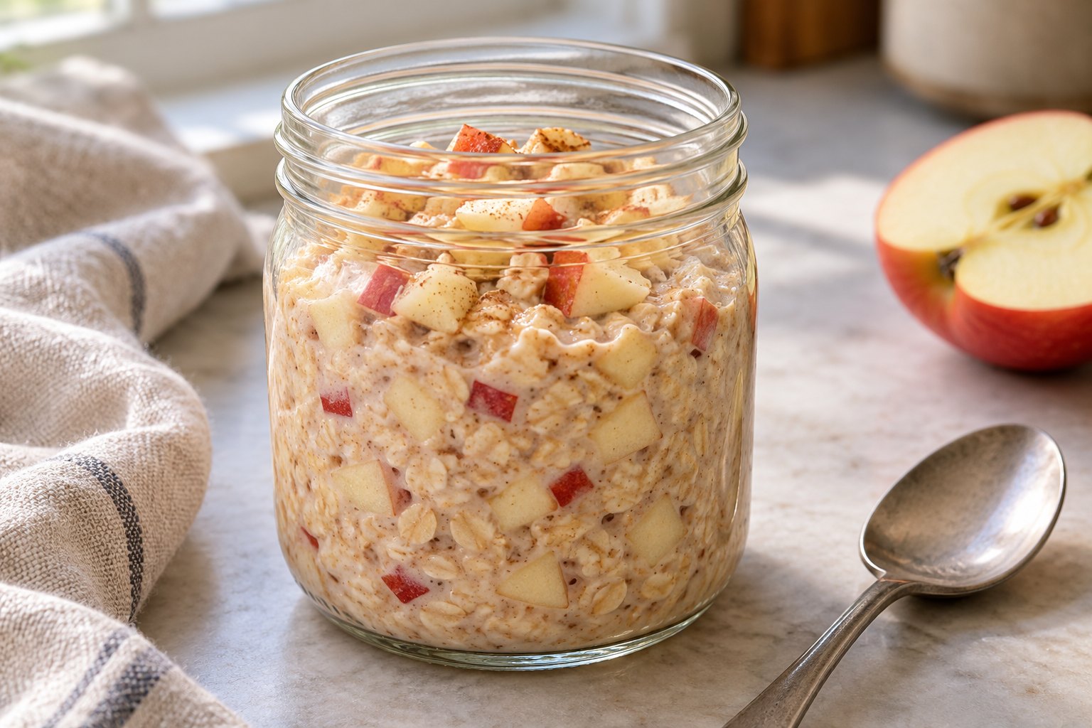 Thick overnight oats with small apple pieces and cinnamon in a wide-mouth glass jar.
