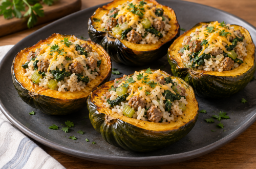 Acorn squash halves filled with turkey sausage, rice and spinach, with a light cheddar topping