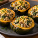 Acorn squash halves filled with turkey sausage, rice and spinach, with a light cheddar topping