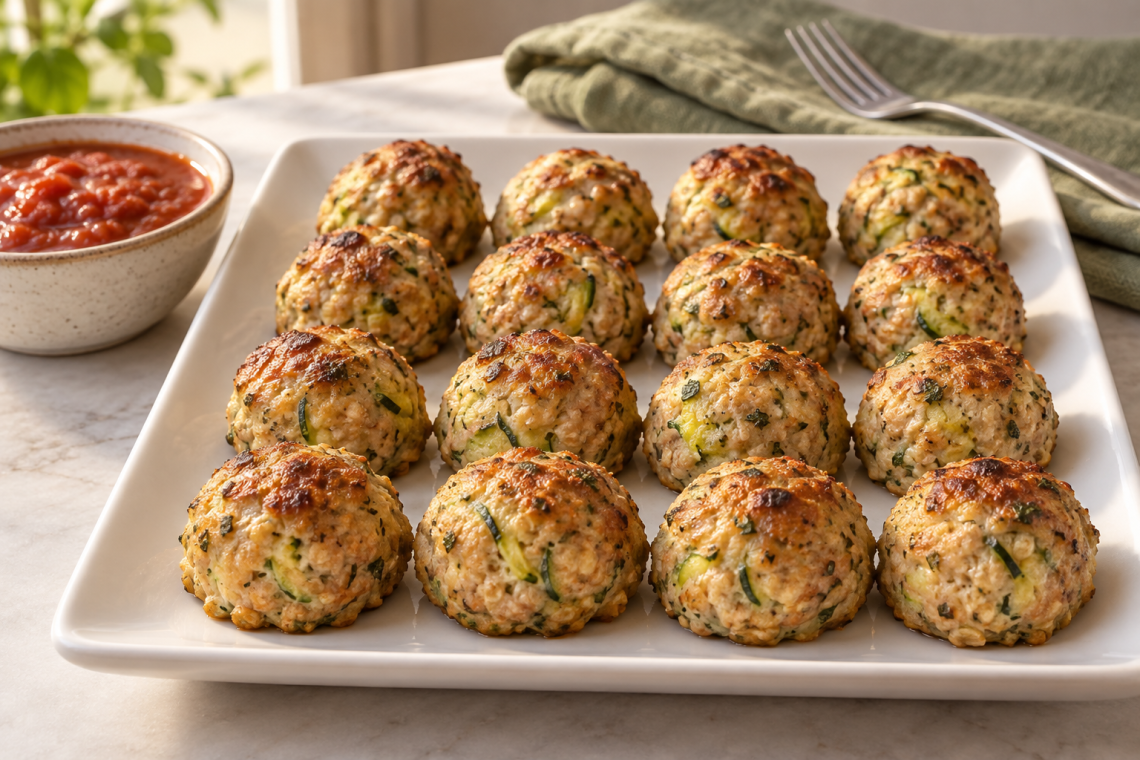 Baked turkey zucchini meatballs without eggs on a platter with tomato sauce alongside