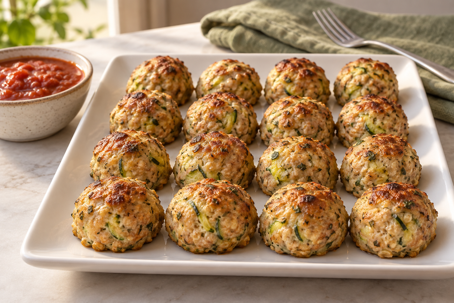 Baked turkey zucchini meatballs without eggs on a platter with tomato sauce alongside
