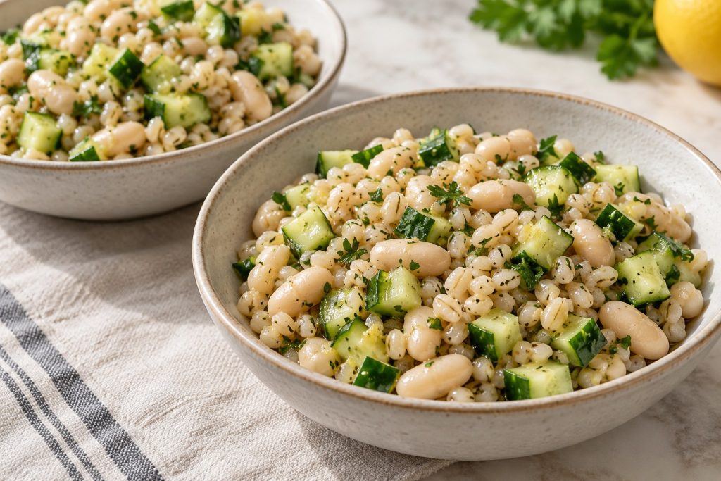 Two bowls of pearl barley, white beans, diced cucumber, and parsley with lemon-Dijon dressing.