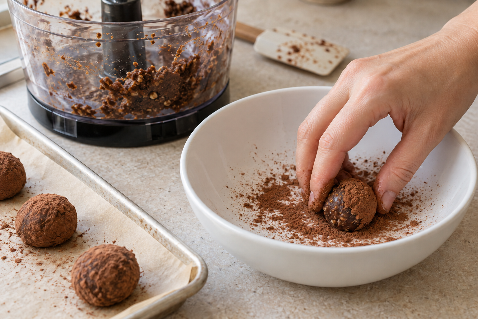A hand dusting black olive cocoa date truffles with cocoa beside a parchment-lined tray