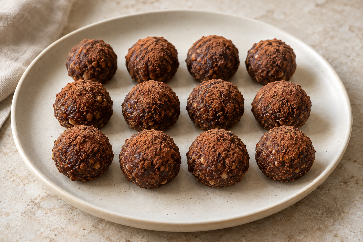 Twelve black olive cocoa date truffles arranged in rows on a cream platter
