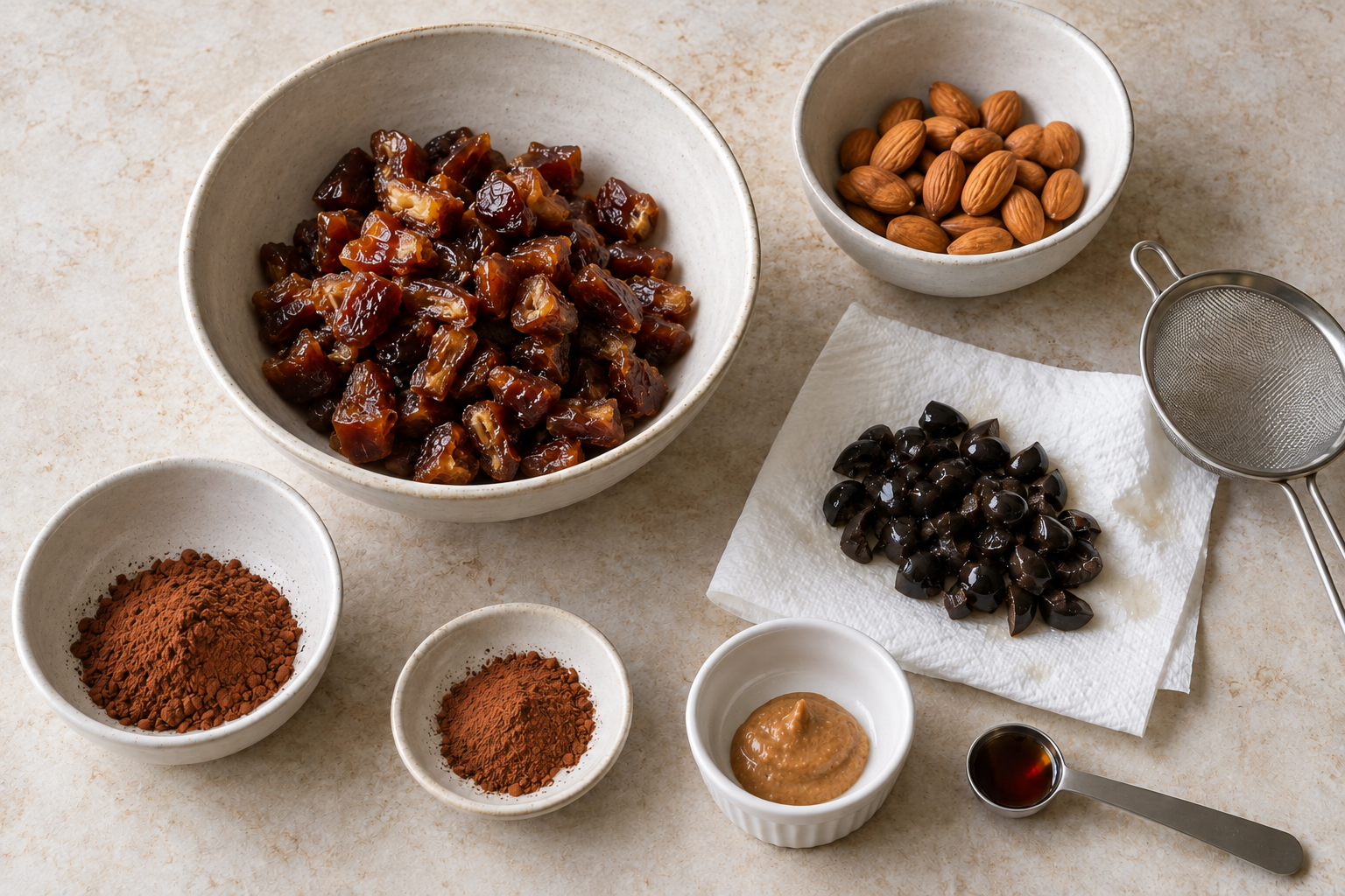Dates, almonds, mild black olives and cocoa measured for black olive cocoa date truffles