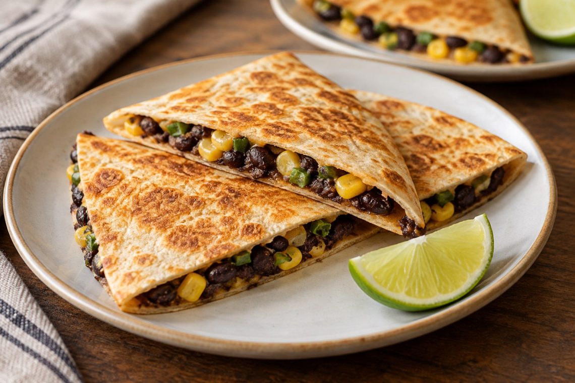 Golden tortilla wedges with a black bean and corn filling visible at the cut edges.