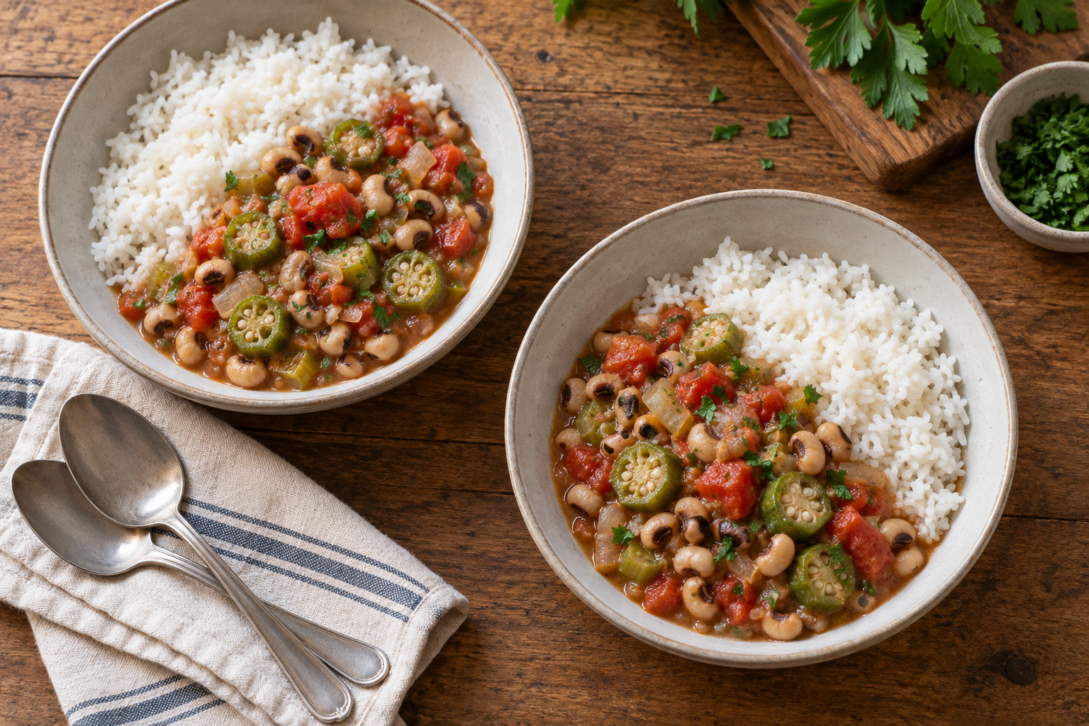 Two plates of black-eyed pea and okra stew beside white rice.