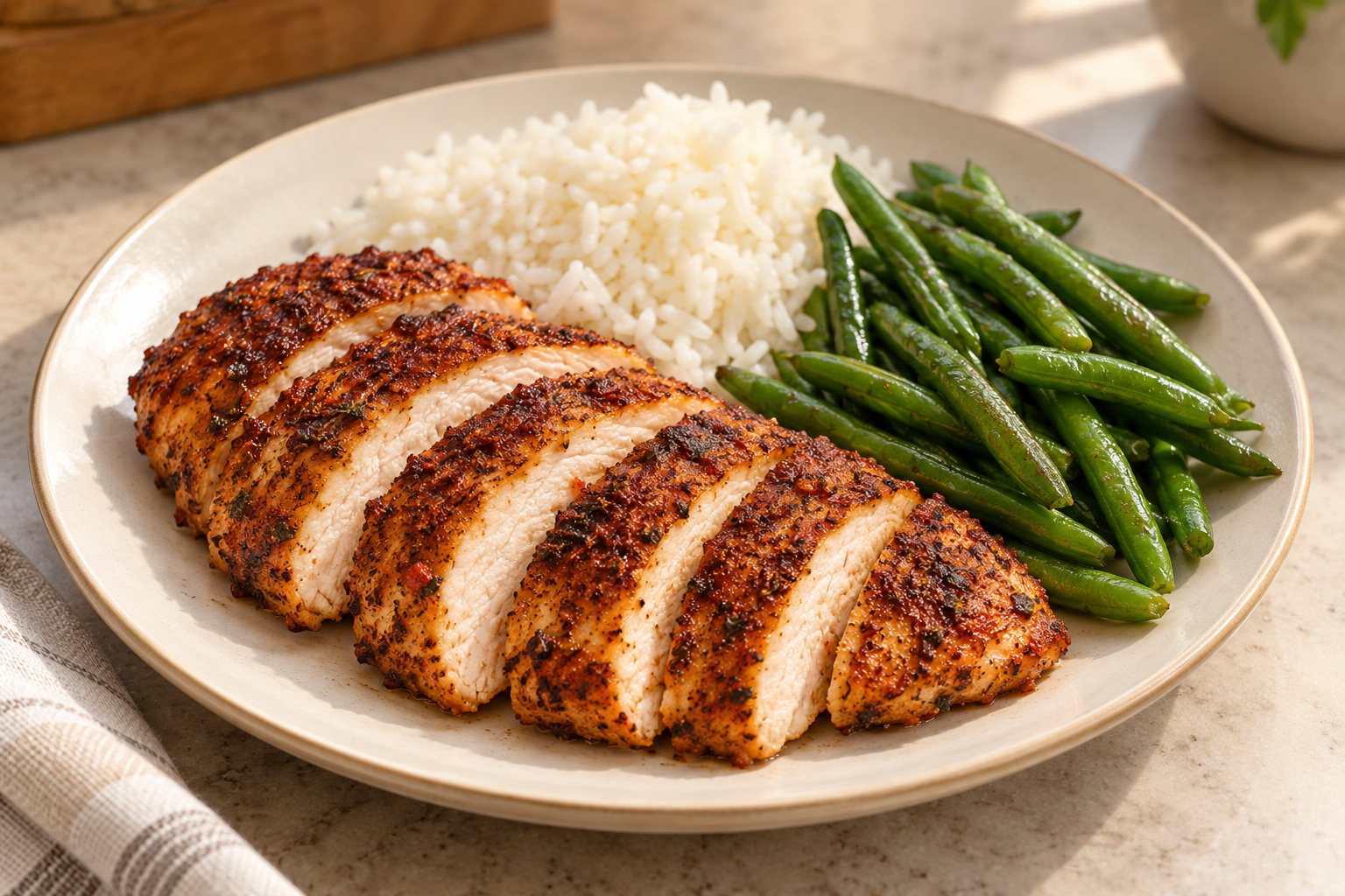 Sliced chicken with a brown spice crust served with rice and green beans