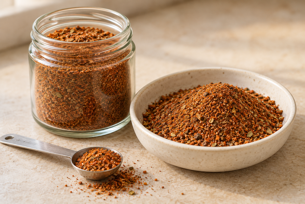 Homemade blackening seasoning recipe in a glass jar and ceramic bowl