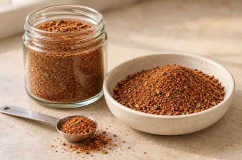 Homemade blackening seasoning recipe in a glass jar and ceramic bowl
