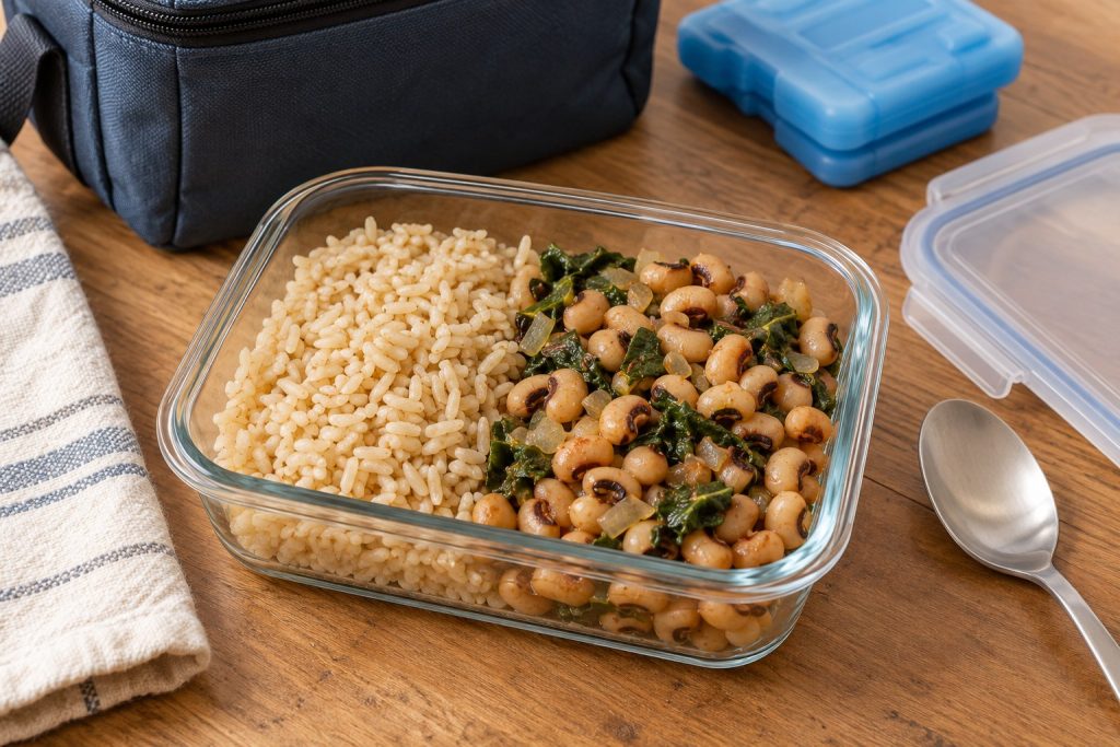 Brown rice beside black-eyed peas, small pieces of cooked collards and softened onion in a shallow lunch container.